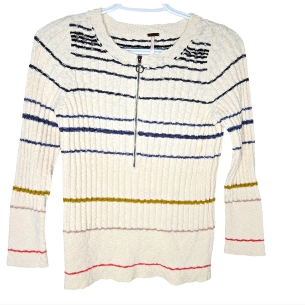 Free People Striped White Sweater with Zipper